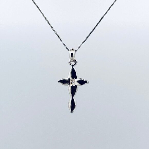 Sterling Silver 925 Italy Cross Necklace with Marquise CZ Stones, 18” Chain - Picture 3 of 10